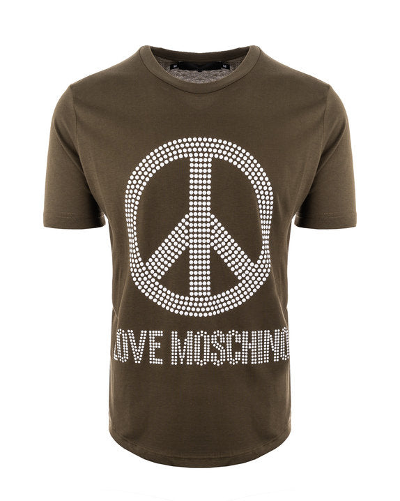 Love Moschino Olive Green Studed Peace Logo Tee